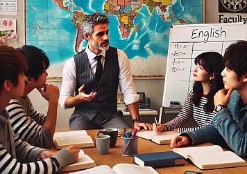 An English teacher explaining a topic to interested students